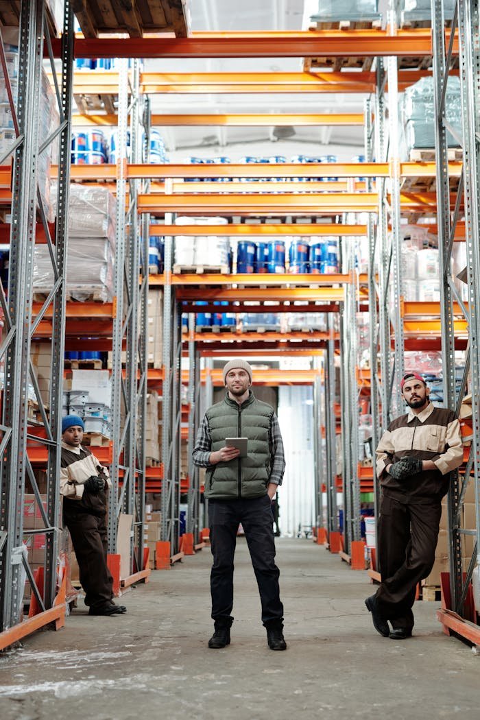 about-img Three warehouse workers stand in an industrial aisle. Indoor workplace environment.